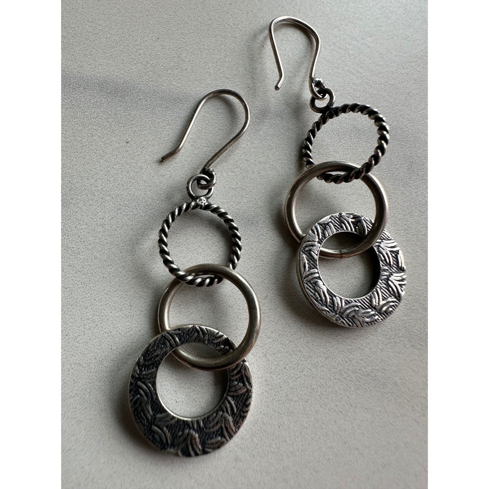 Silpada Bamboo Sterling Silver Triple Hoop Drop Earrings Leaf Design 7.34g